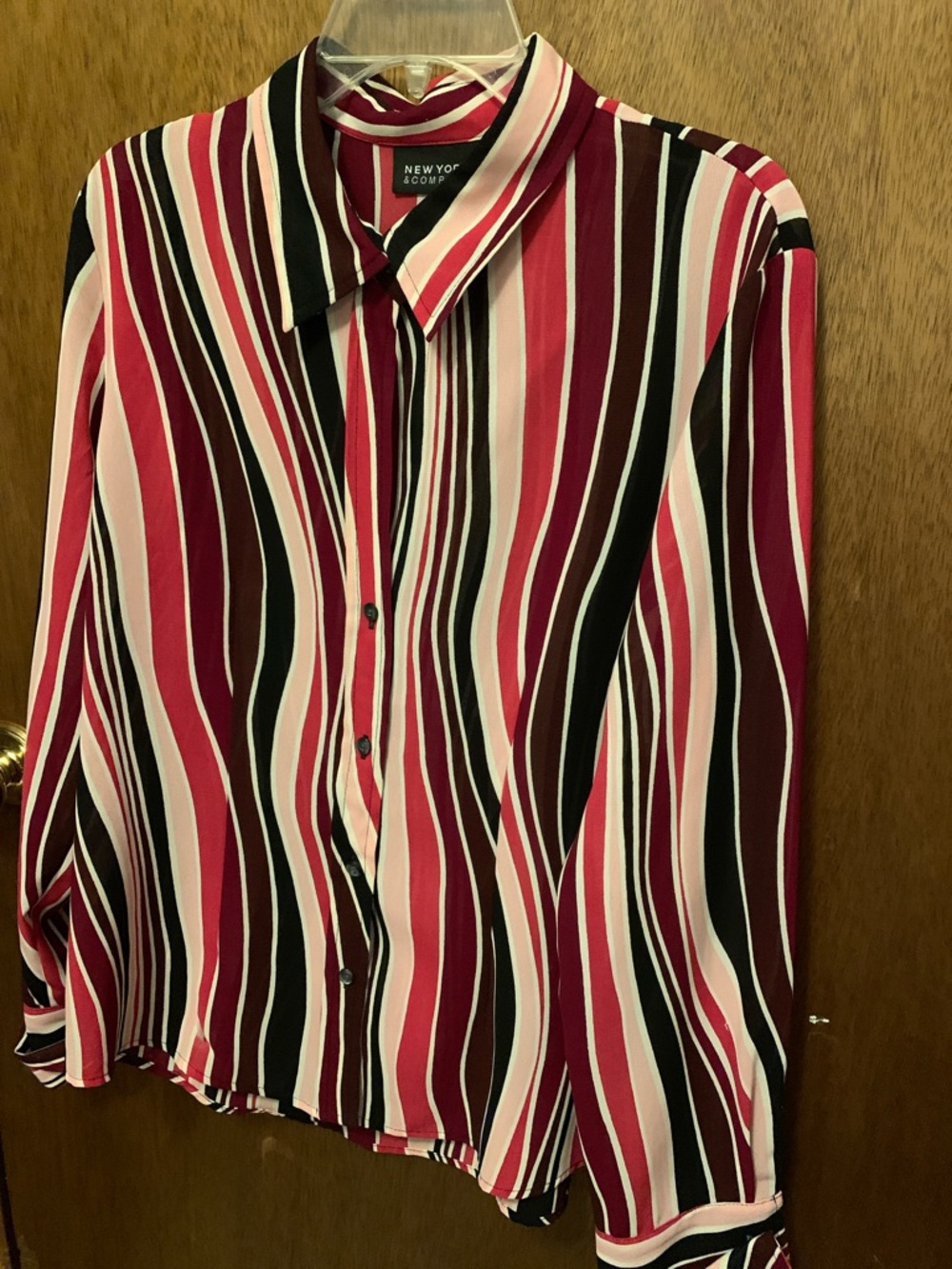 New York & Company Rose, Burgundy and Black Wavy-Stripe Button Blouse